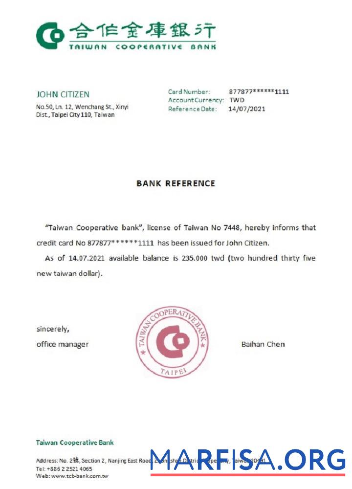 Printable Taiwan Taiwan Cooperative Bank reference sample